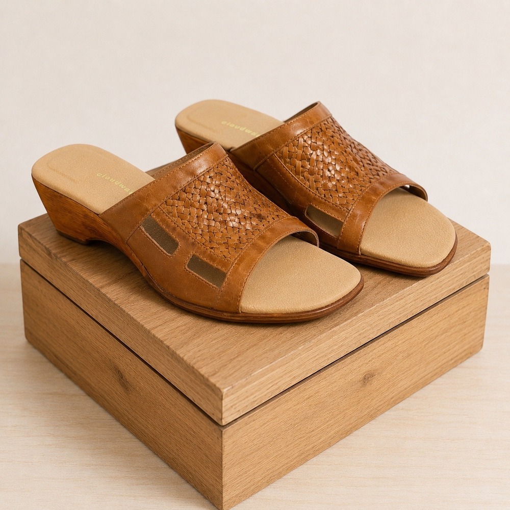 Cloudwalkers Eve Woven Leather Slide Wedge Sandals Womens‎ 10W Tan Chunky Heels